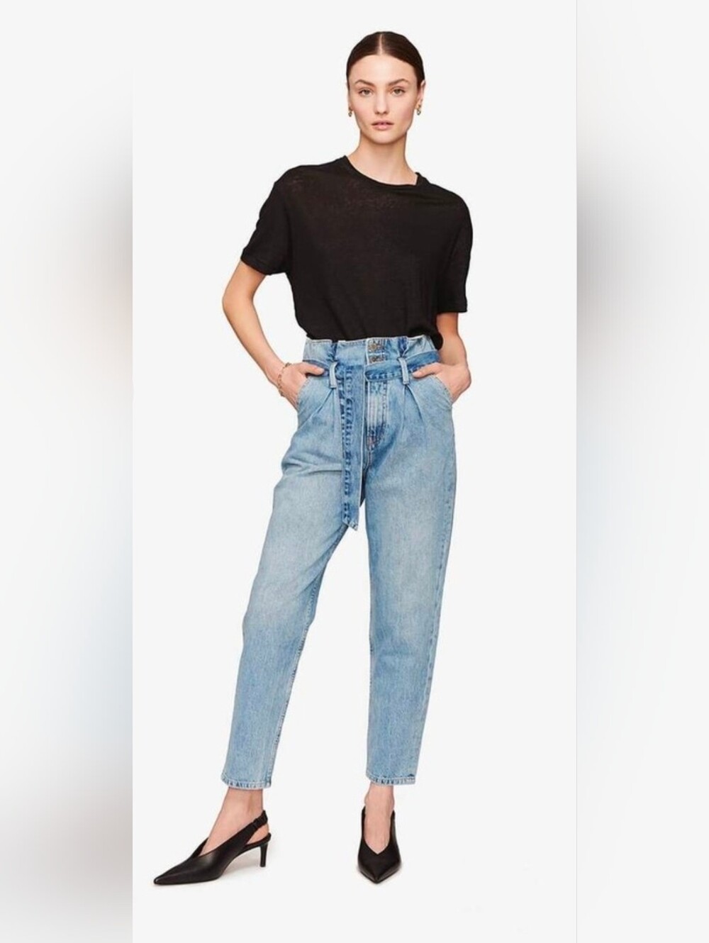 Anine Bing Everly Paper Bag Trousers In Pond  High Righ Ankle Size 26 Preppy - Picture 2 of 15